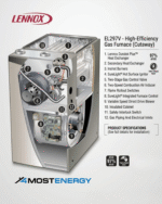 Interior cutaway view of a Lennox EL297V high-efficiency gas furnace with labeled components including heat exchanger and blower.