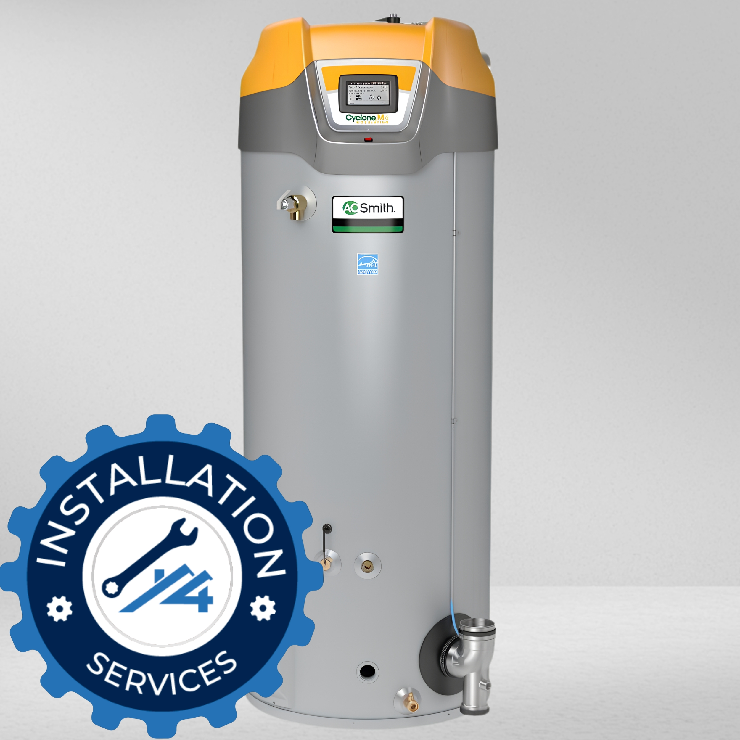 AO Smith Commercial Tank A. O. Smith Cyclone Mxi high-efficiency commercial condensing gas water heater with touchscreen controls and modulating burner.