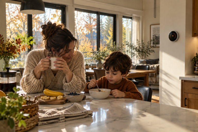 Family in a warm kitchen on a cool fall morning with a smart thermostat keeping the home comfortable