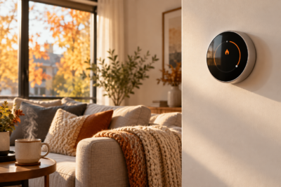 Smart thermostat on a living room wall with fall leaves visible through the window in an Ontario home