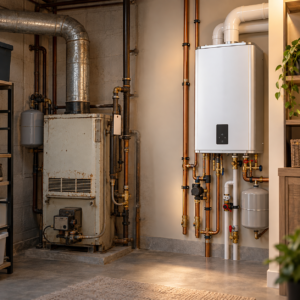 Floor boiler replacement: old floor-standing boiler beside a compact wall-hung high-efficiency boiler in a basement