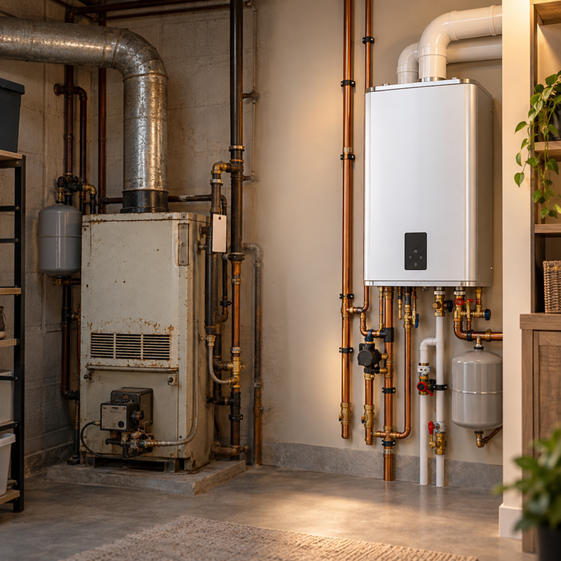 Floor boiler replacement: old floor-standing boiler beside a compact wall-hung high-efficiency boiler in a basement