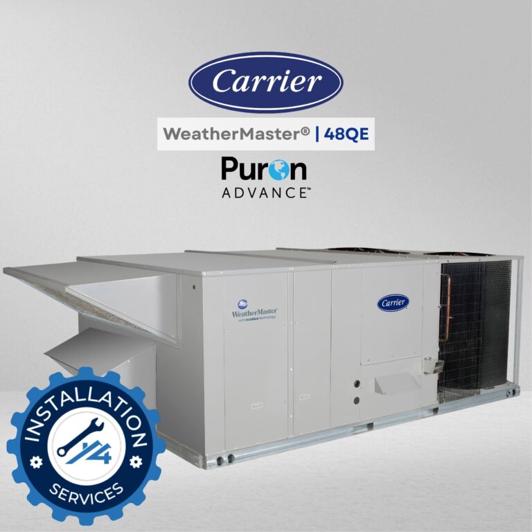Carrier WeatherMaster 48QE large commercial hybrid heat rooftop unit, 15–25 tons