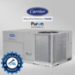 Carrier WeatherMaster 50GE packaged rooftop unit with Puron Advance branding and Installation Services badge