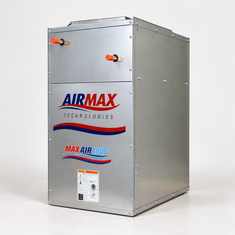 AirMax high-velocity hydronic air handler with an installation services badge.