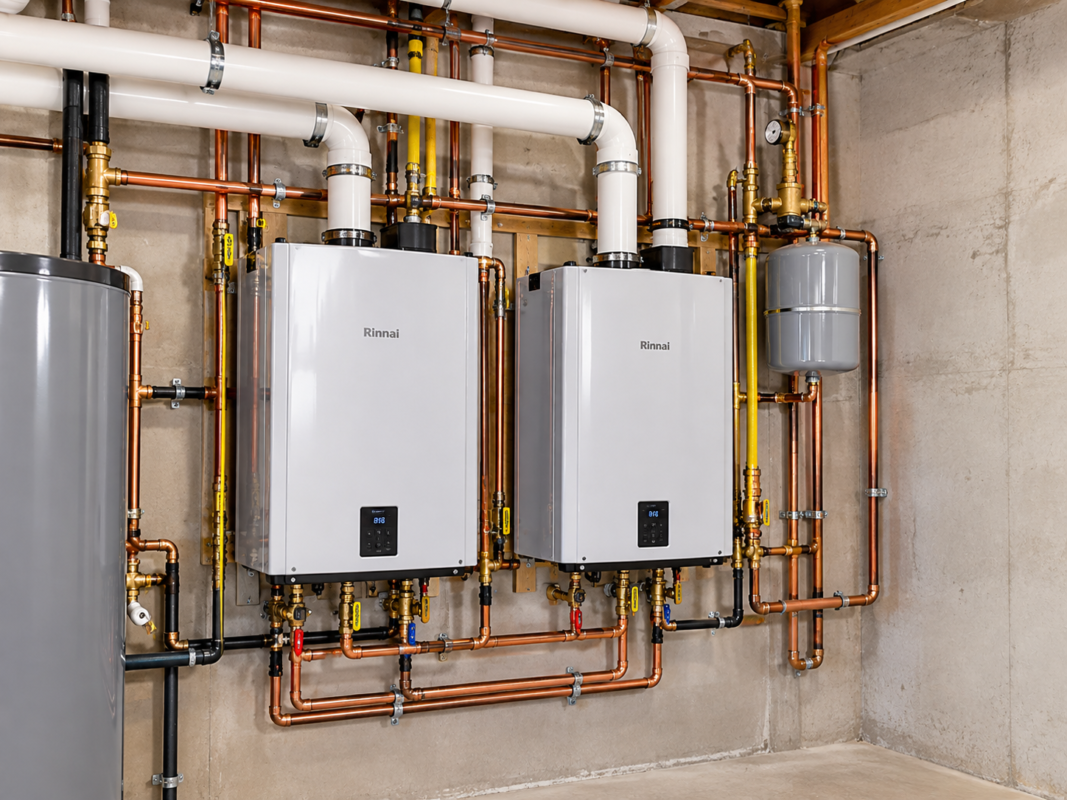 Two wall-mounted Rinnai boilers installed side by side by 4Most Energy