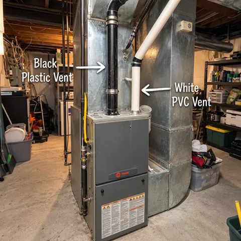 High-efficiency furnace (white/black plastic vents)